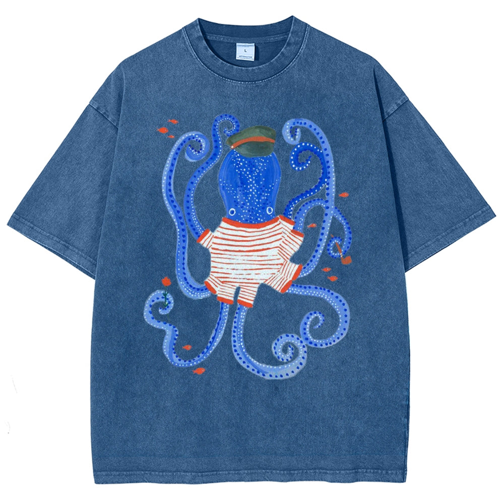 Unisex Octopus And Fish Printed Washed Tee