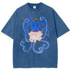 Unisex Octopus And Fish Printed Washed Tee