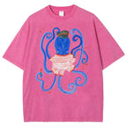 Unisex Octopus And Fish Printed Washed Tee