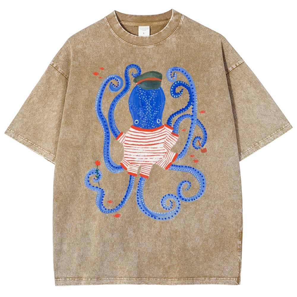 Unisex Octopus And Fish Printed Washed Tee