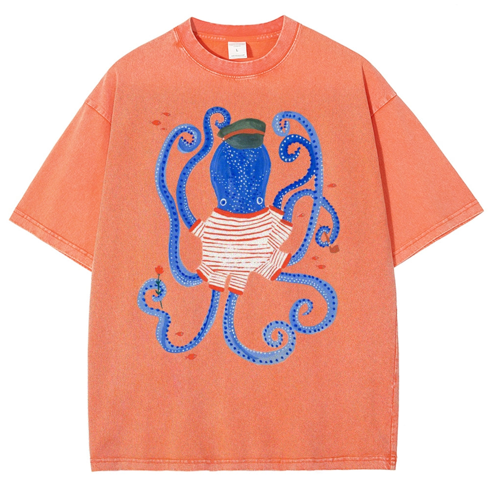 Unisex Octopus And Fish Printed Washed Tee