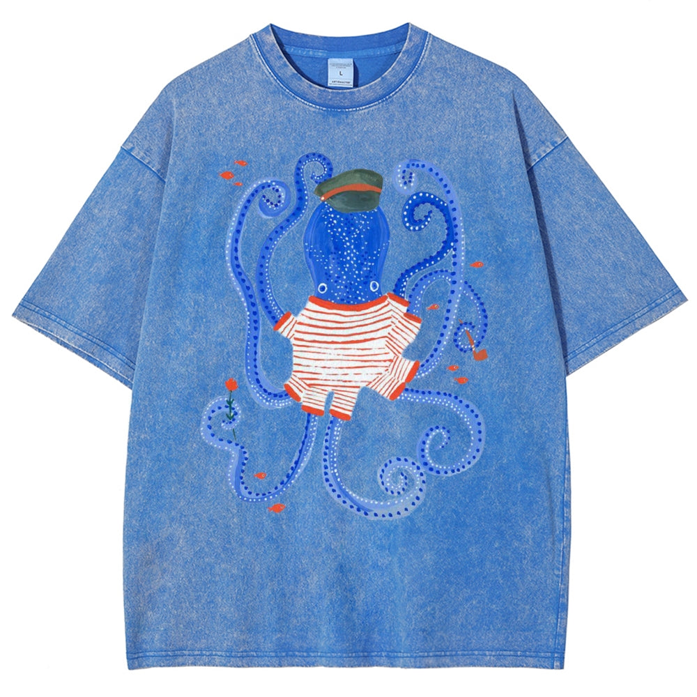 Unisex Octopus And Fish Printed Washed Tee
