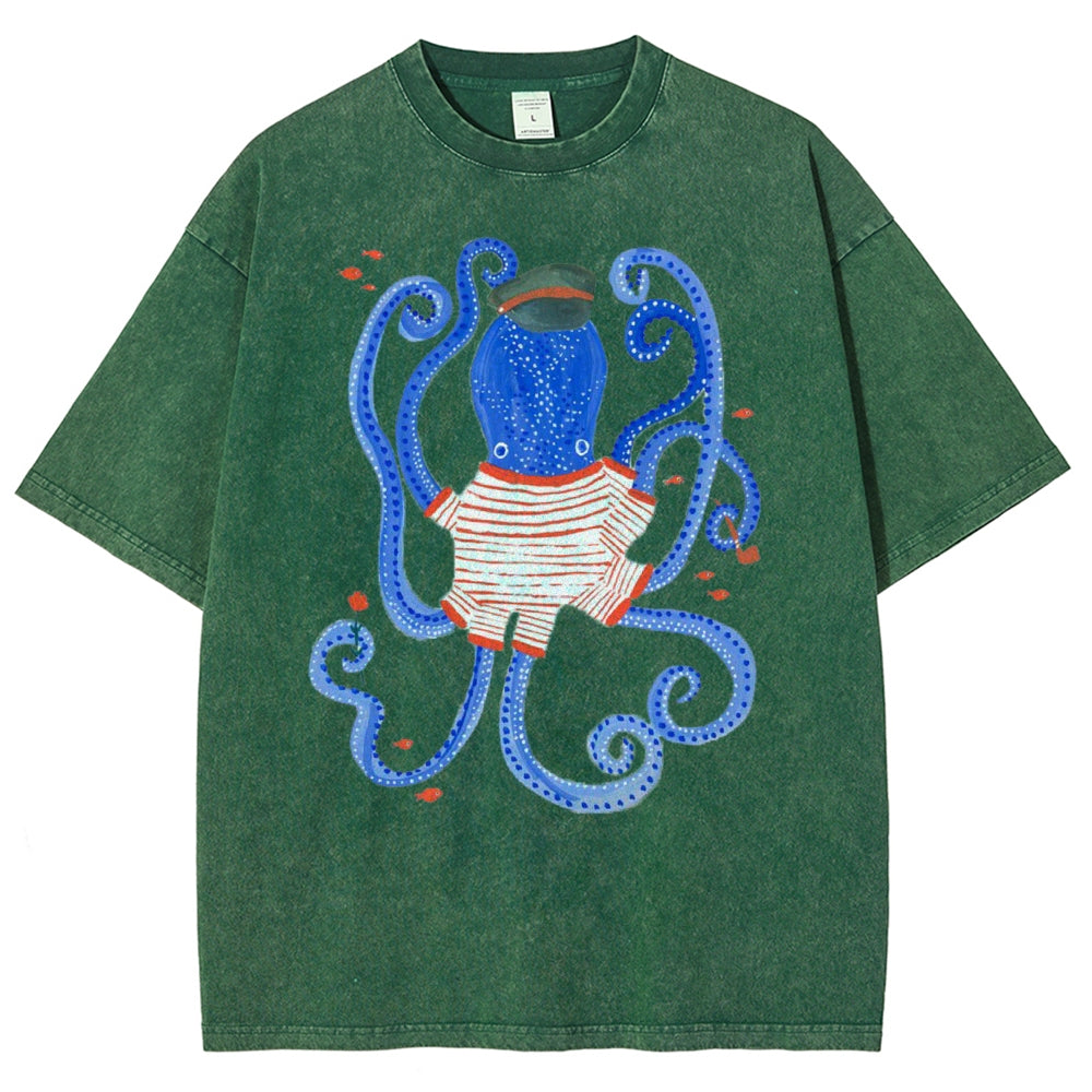 Unisex Octopus And Fish Printed Washed Tee