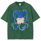 Unisex Octopus And Fish Printed Washed Tee