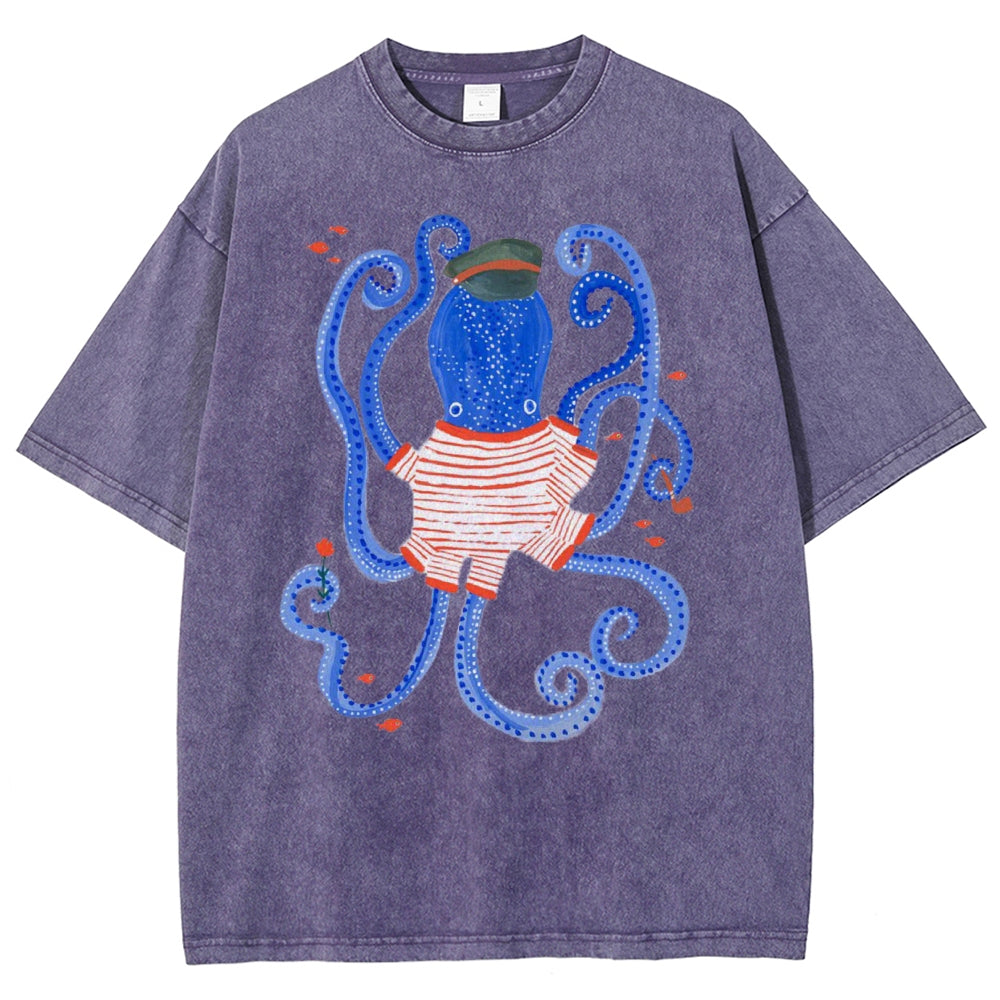 Unisex Octopus And Fish Printed Washed Tee
