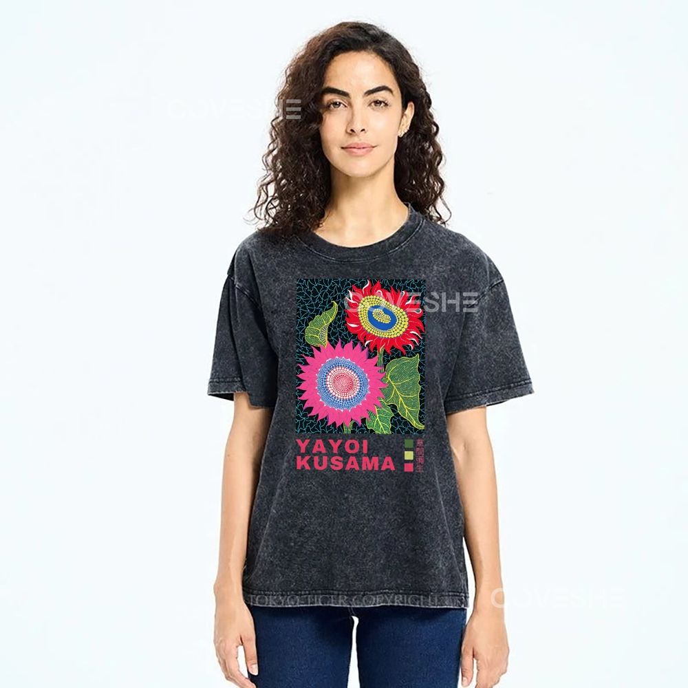 Unisex Polka Dot Flower Printed Washed Tee