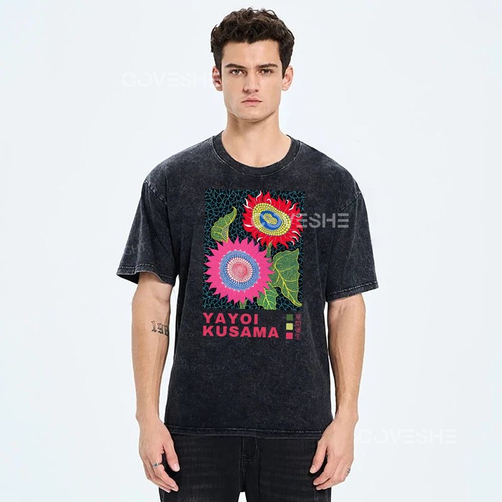 Unisex Polka Dot Flower Printed Washed Tee