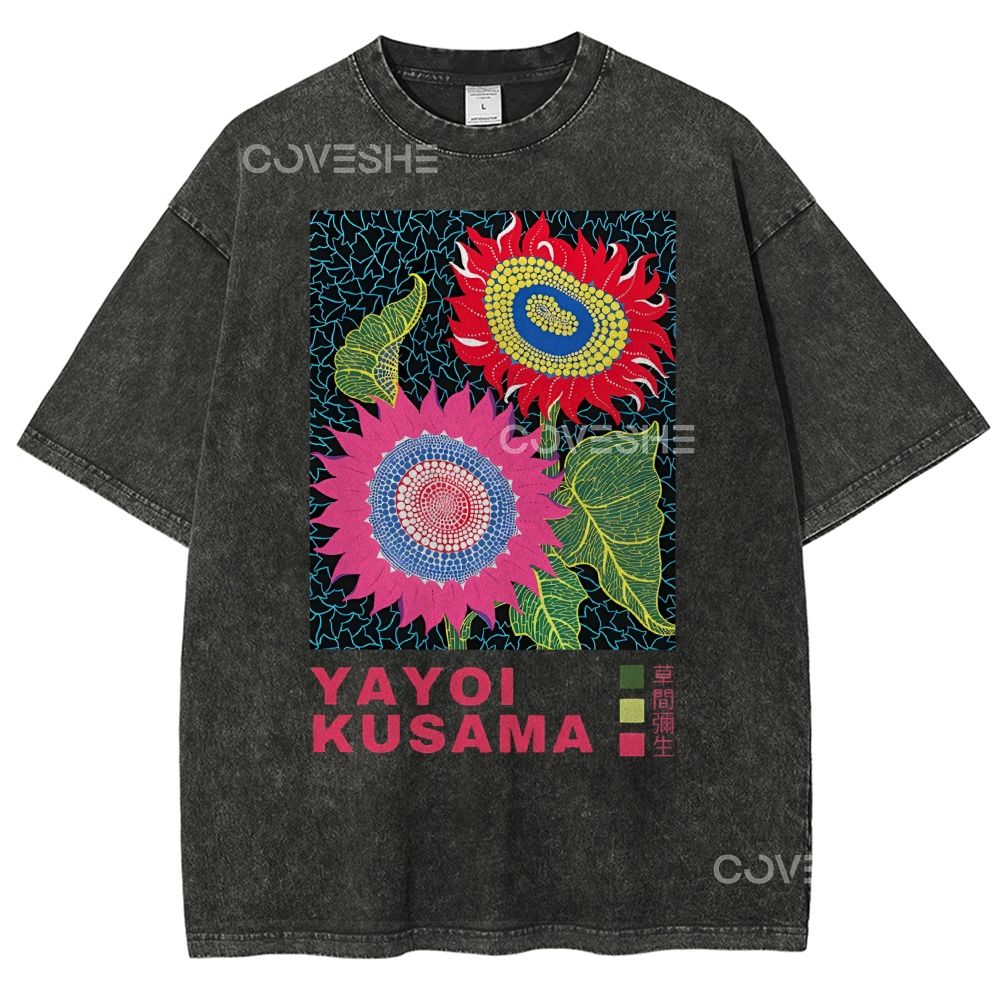 Unisex Polka Dot Flower Printed Washed Tee