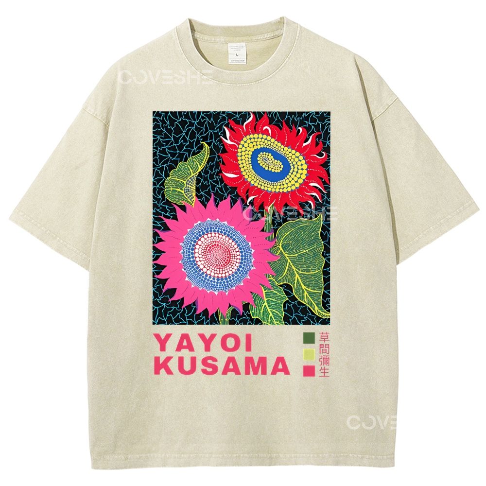 Unisex Polka Dot Flower Printed Washed Tee