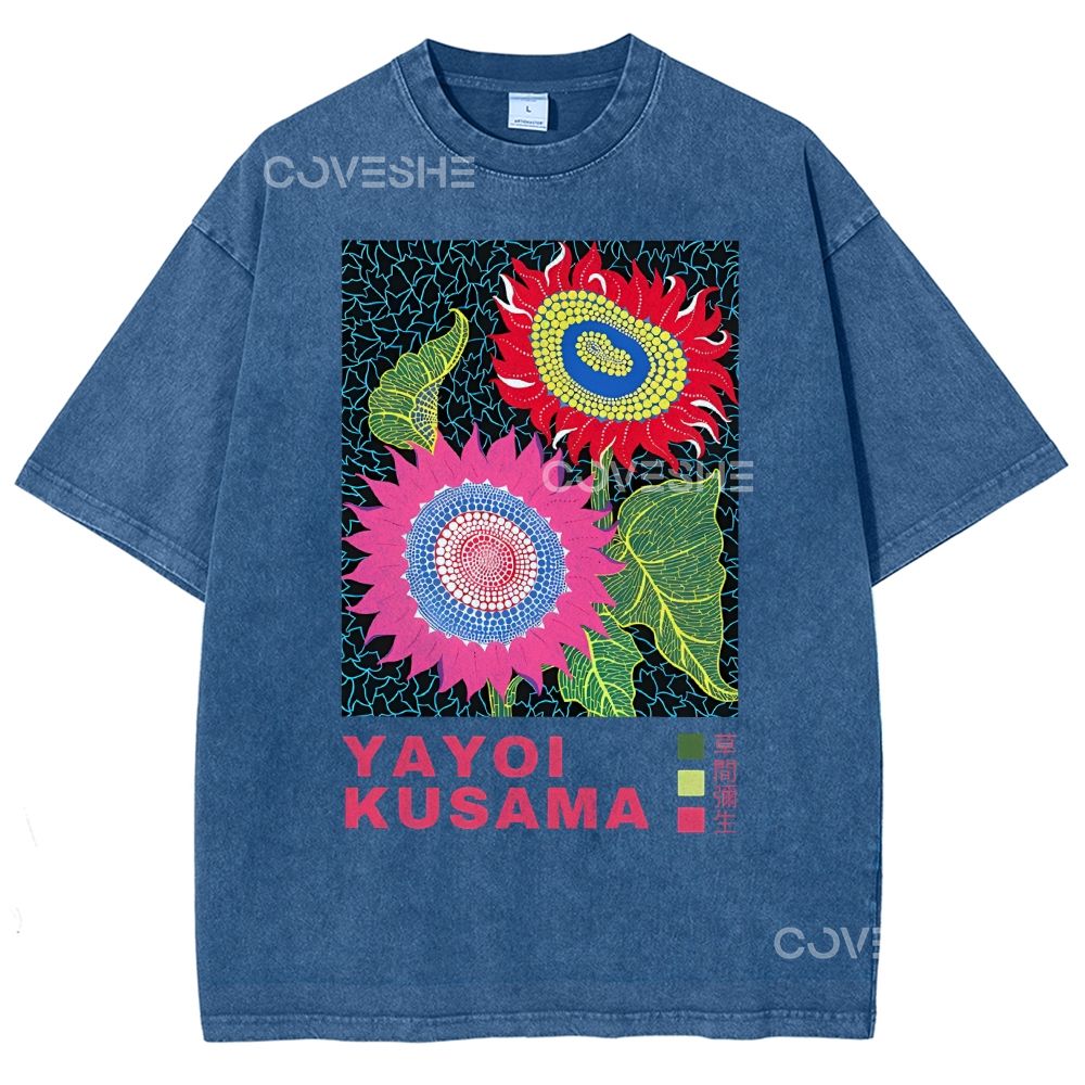 Unisex Polka Dot Flower Printed Washed Tee