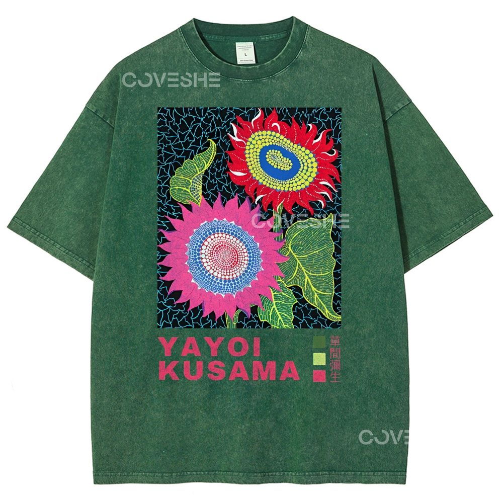 Unisex Polka Dot Flower Printed Washed Tee