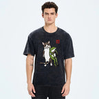 Unisex Cat Holding A Frog Printed Washed Tee