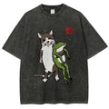Unisex Cat Holding A Frog Printed Washed Tee