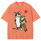 Unisex Cat Holding A Frog Printed Washed Tee