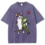 Unisex Cat Holding A Frog Printed Washed Tee