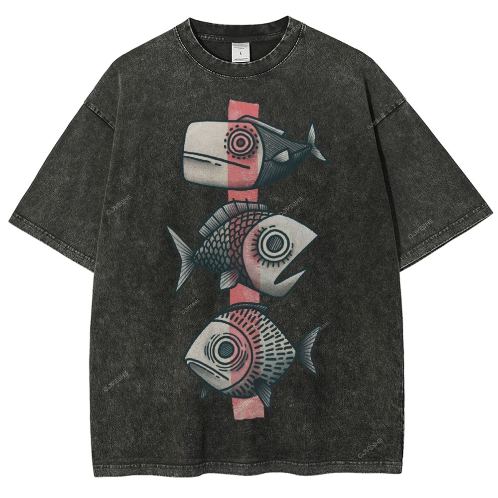 Unisex Vintage Fish Printed Washed Tee