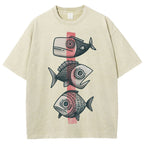 Unisex Vintage Fish Printed Washed Tee