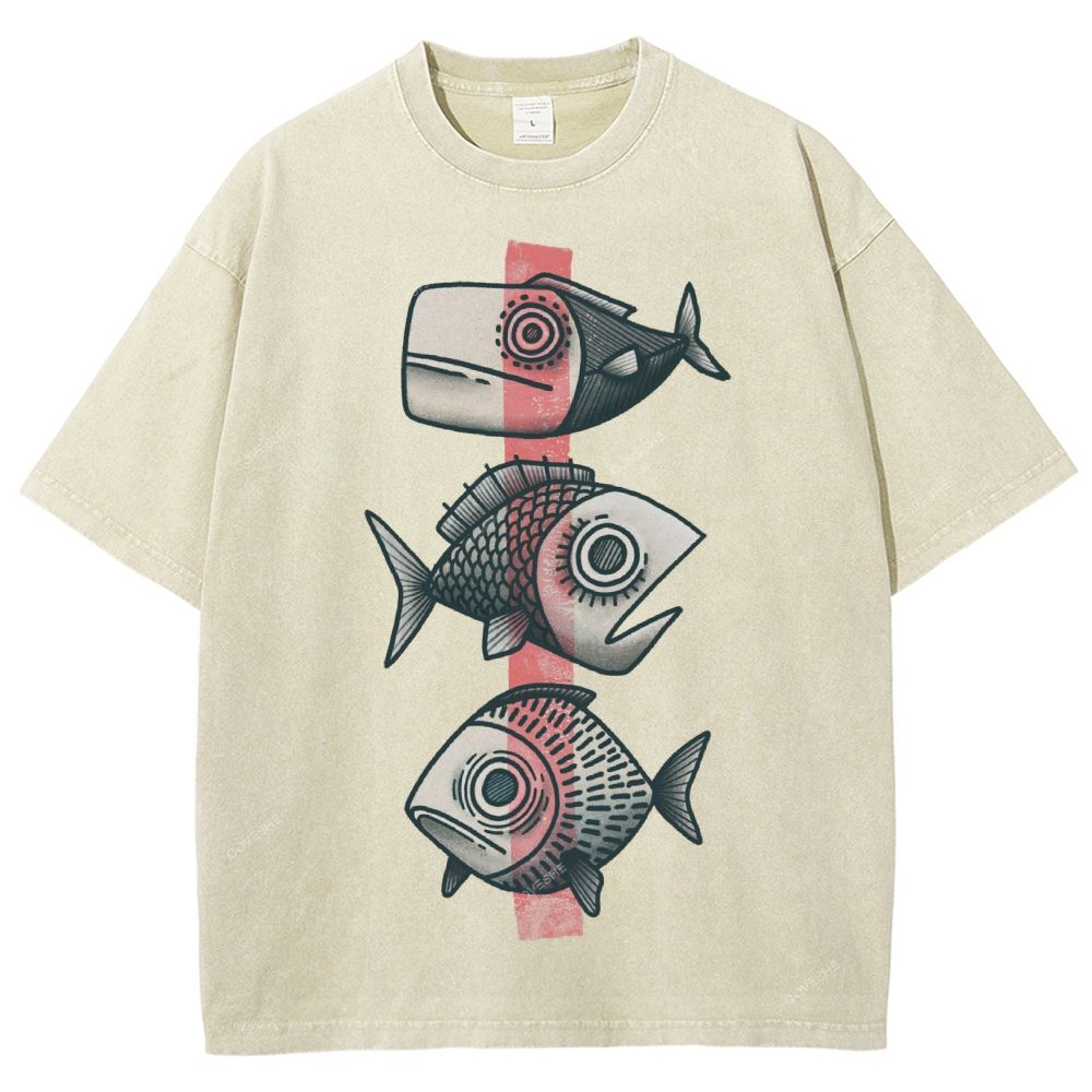Unisex Vintage Fish Printed Washed Tee