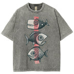 Unisex Vintage Fish Printed Washed Tee