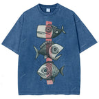 Unisex Vintage Fish Printed Washed Tee