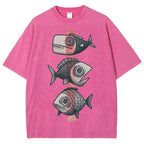 Unisex Vintage Fish Printed Washed Tee