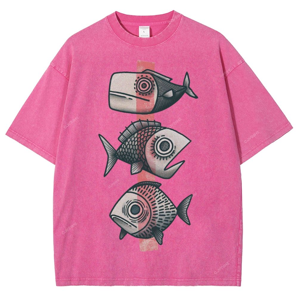 Unisex Vintage Fish Printed Washed Tee