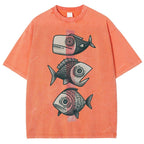Unisex Vintage Fish Printed Washed Tee