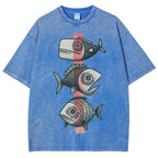 Unisex Vintage Fish Printed Washed Tee