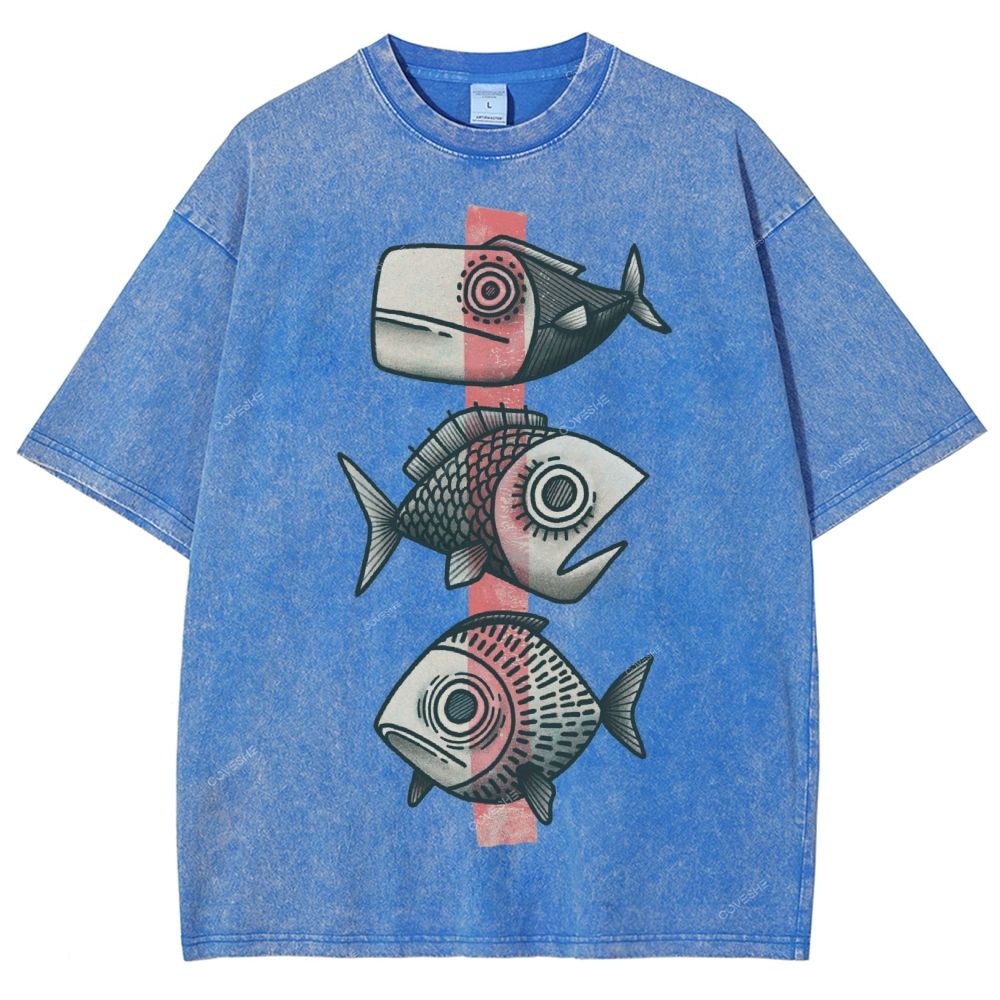 Unisex Vintage Fish Printed Washed Tee