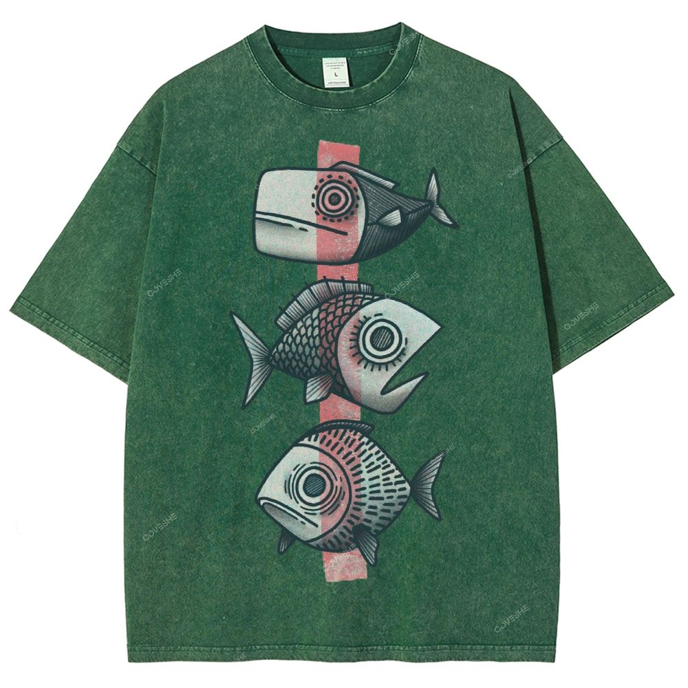 Unisex Vintage Fish Printed Washed Tee