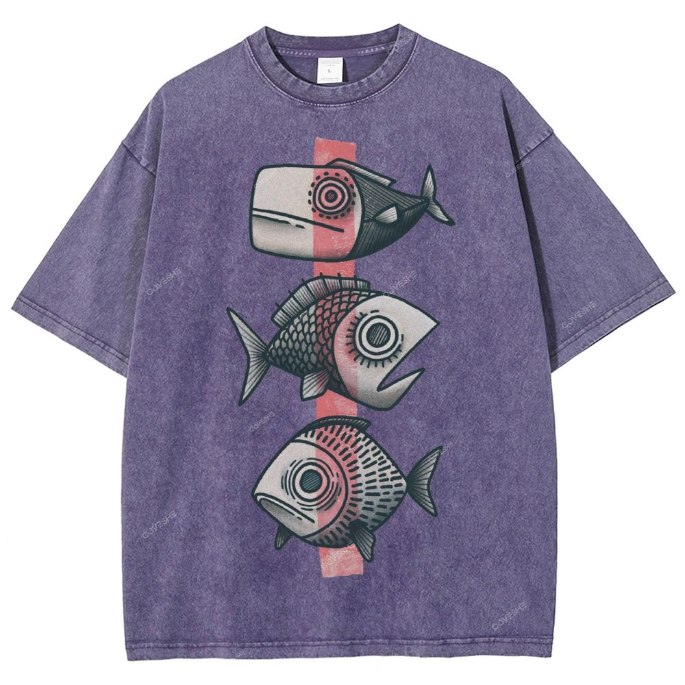 Unisex Vintage Fish Printed Washed Tee
