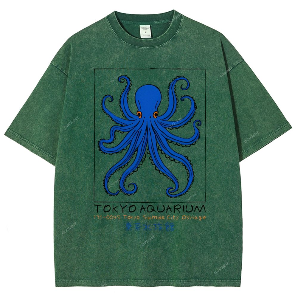 Unisex Tokyo Aquarium Octopus Printed Washed Tee