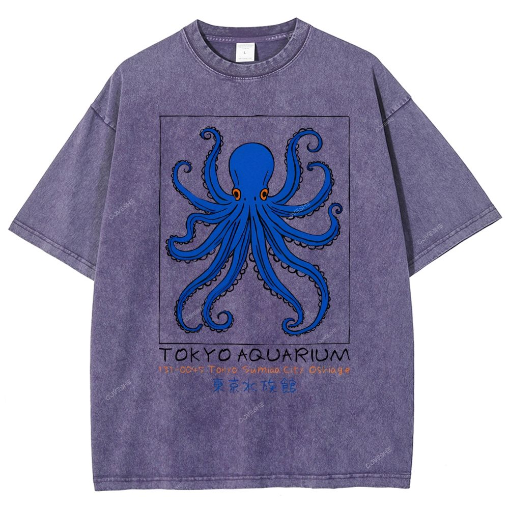 Unisex Tokyo Aquarium Octopus Printed Washed Tee