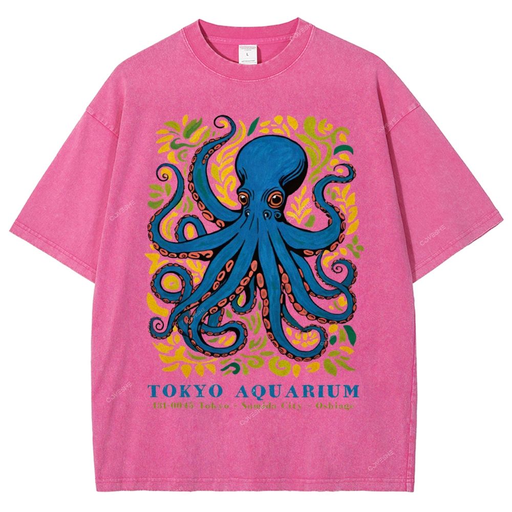Unisex Tokyo Aquarium Octopus Printed Washed Tee