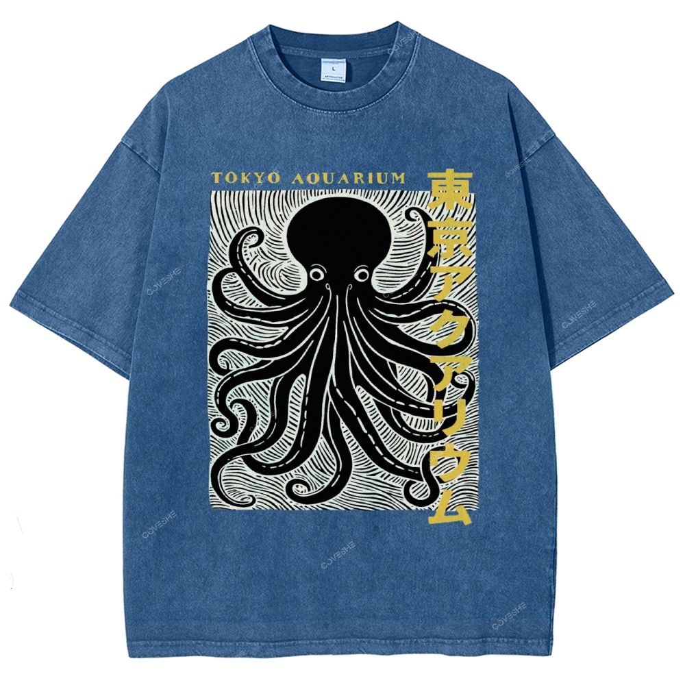 Unisex Tokyo Aouarium Printed Washed Tee