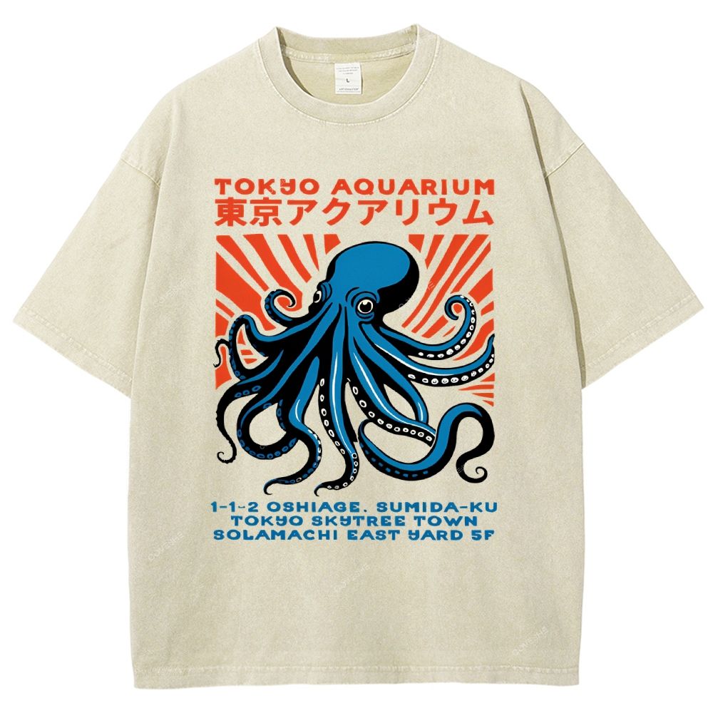 Unisex Tokyo Aquarium Printed Washed Tee
