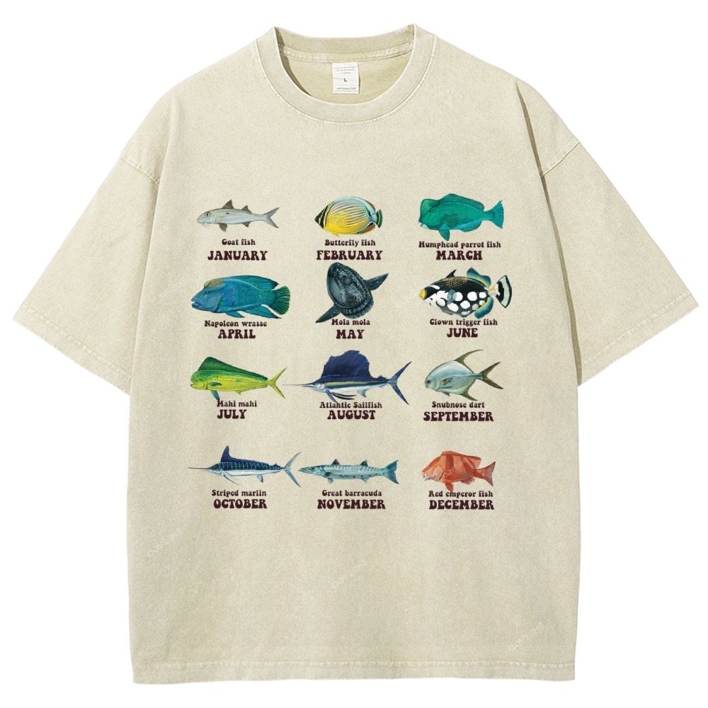Unisex Ocean Fish Printed Washed Tee
