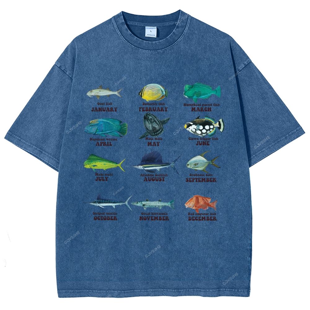 Unisex Ocean Fish Printed Washed Tee