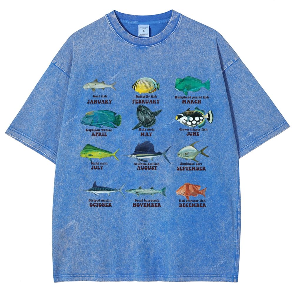 Unisex Ocean Fish Printed Washed Tee