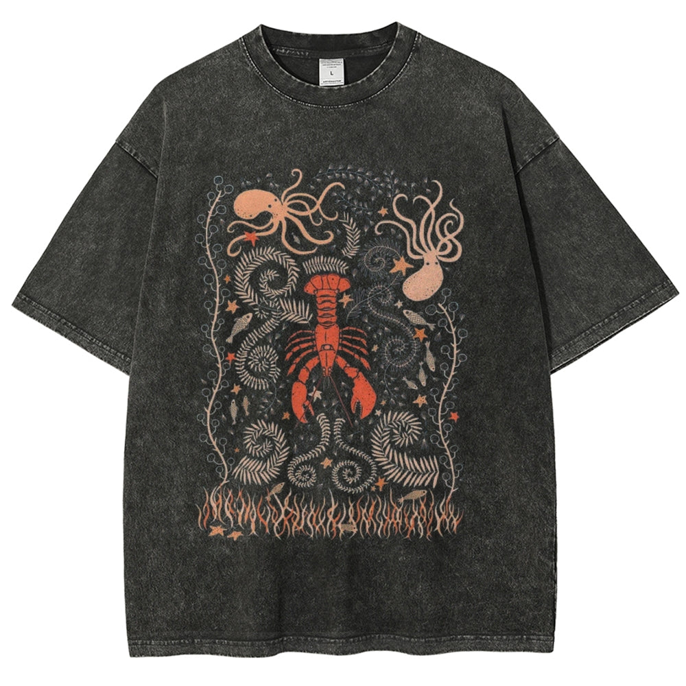 Women's Lobster Octopus Ocean Print Unisex Printed Washed Tee