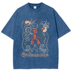 Women's Lobster Octopus Ocean Print Unisex Printed Washed Tee