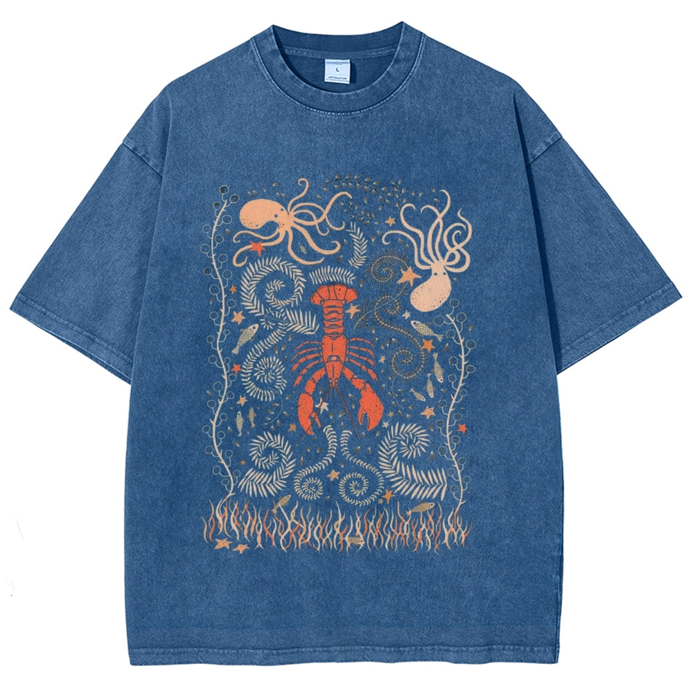 Women's Lobster Octopus Ocean Print Unisex Printed Washed Tee