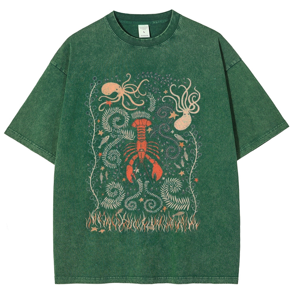 Women's Lobster Octopus Ocean Print Unisex Printed Washed Tee