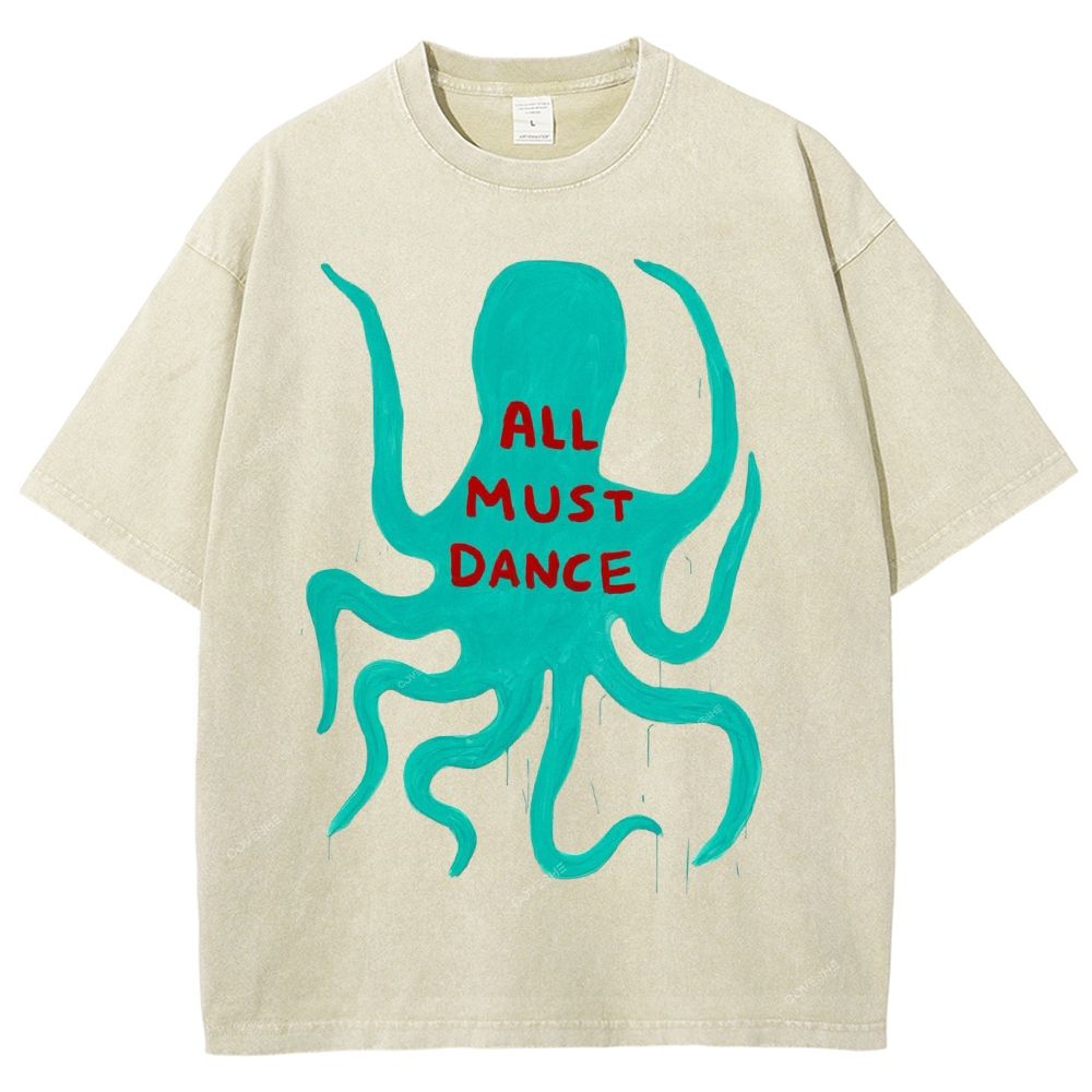Unisex Dance Octopus Printed Washed Tee
