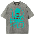 Unisex Dance Octopus Printed Washed Tee