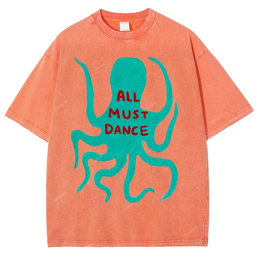 Unisex Dance Octopus Printed Washed Tee