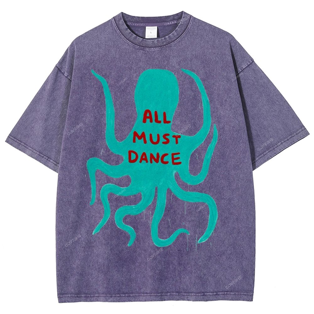 Unisex Dance Octopus Printed Washed Tee