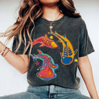 Unisex Colorful Cartoon Fish Printed Washed Tee