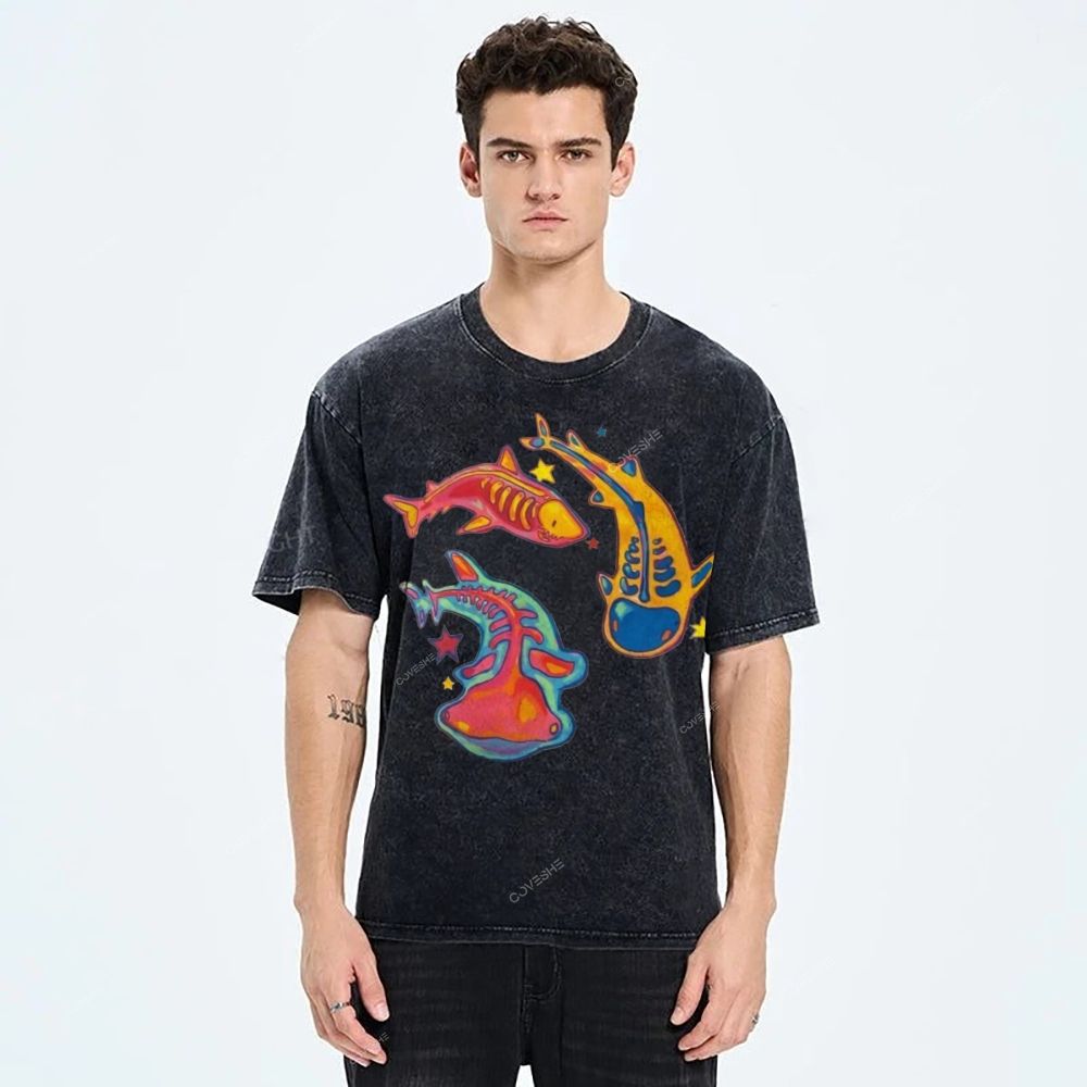 Unisex Colorful Cartoon Fish Printed Washed Tee