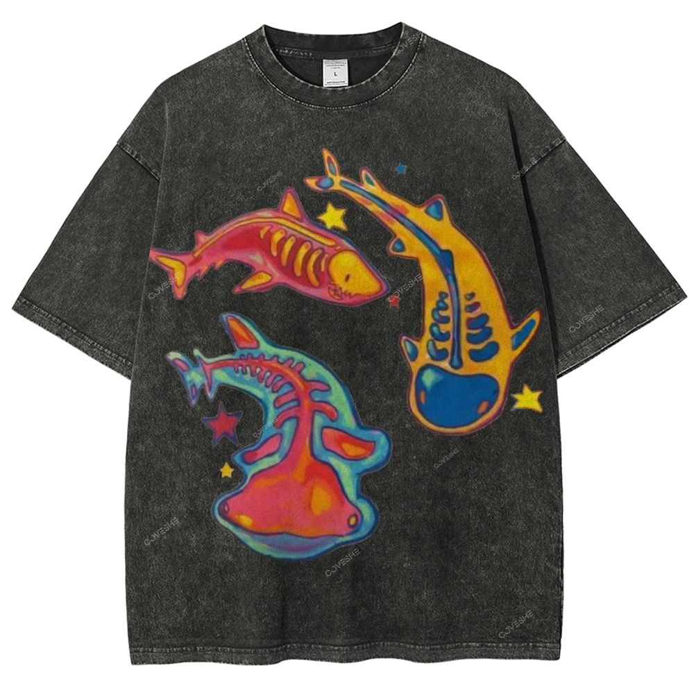 Unisex Colorful Cartoon Fish Printed Washed Tee